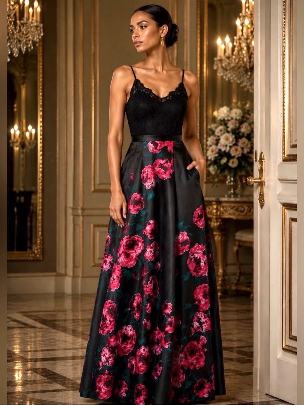 B Darlin Black Lace Bodice Pink Floral Gown Prom Backless Juniors 7/8
